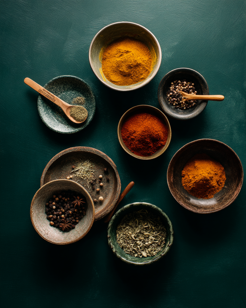 An array of vibrant Indian spices including turmeric coriander mustard seeds ginger garlic chilies and coconut arranged beautifully on a rustic wooden surface hinting at the culinary journey down the chicken road