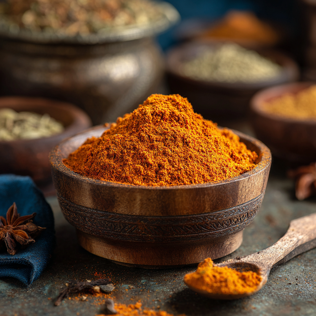 Close up of vibrant turmeric powder in a wooden bowl with fresh turmeric root