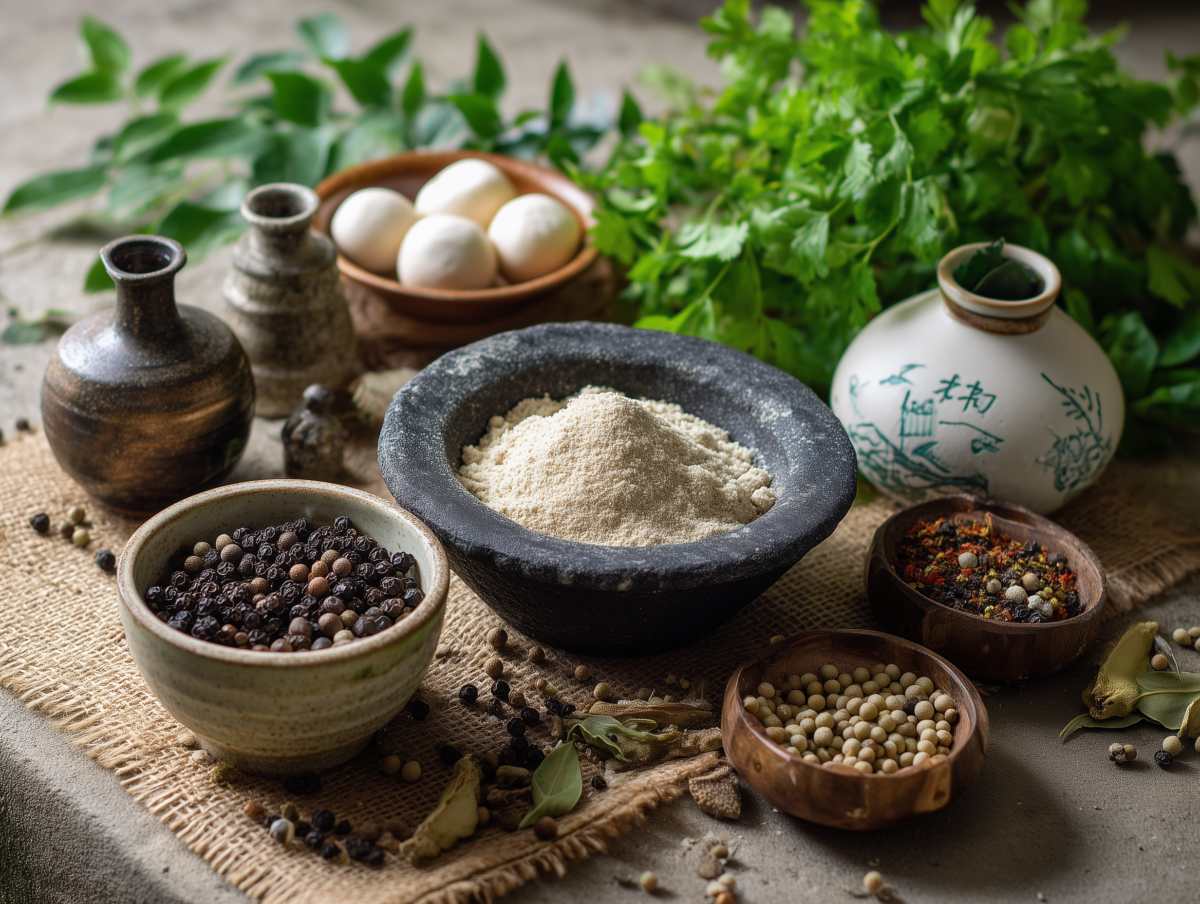A selection of colorful Indian spices in small bowls including mustard seeds and coriander